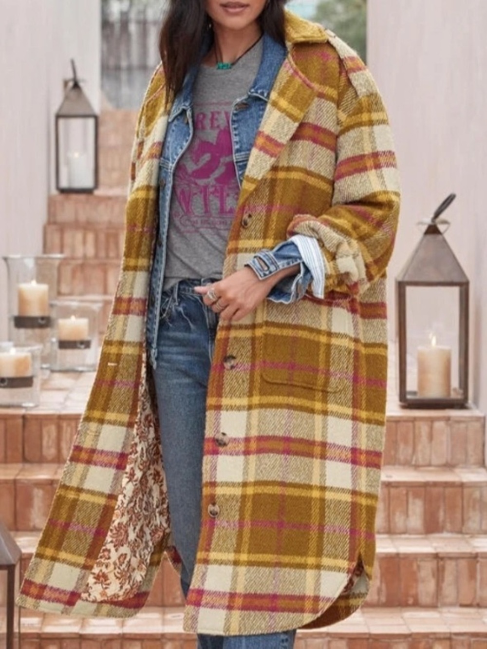 Sundance Doran Wool Coat Jacket Yellow Plaid Oversized Size M $248